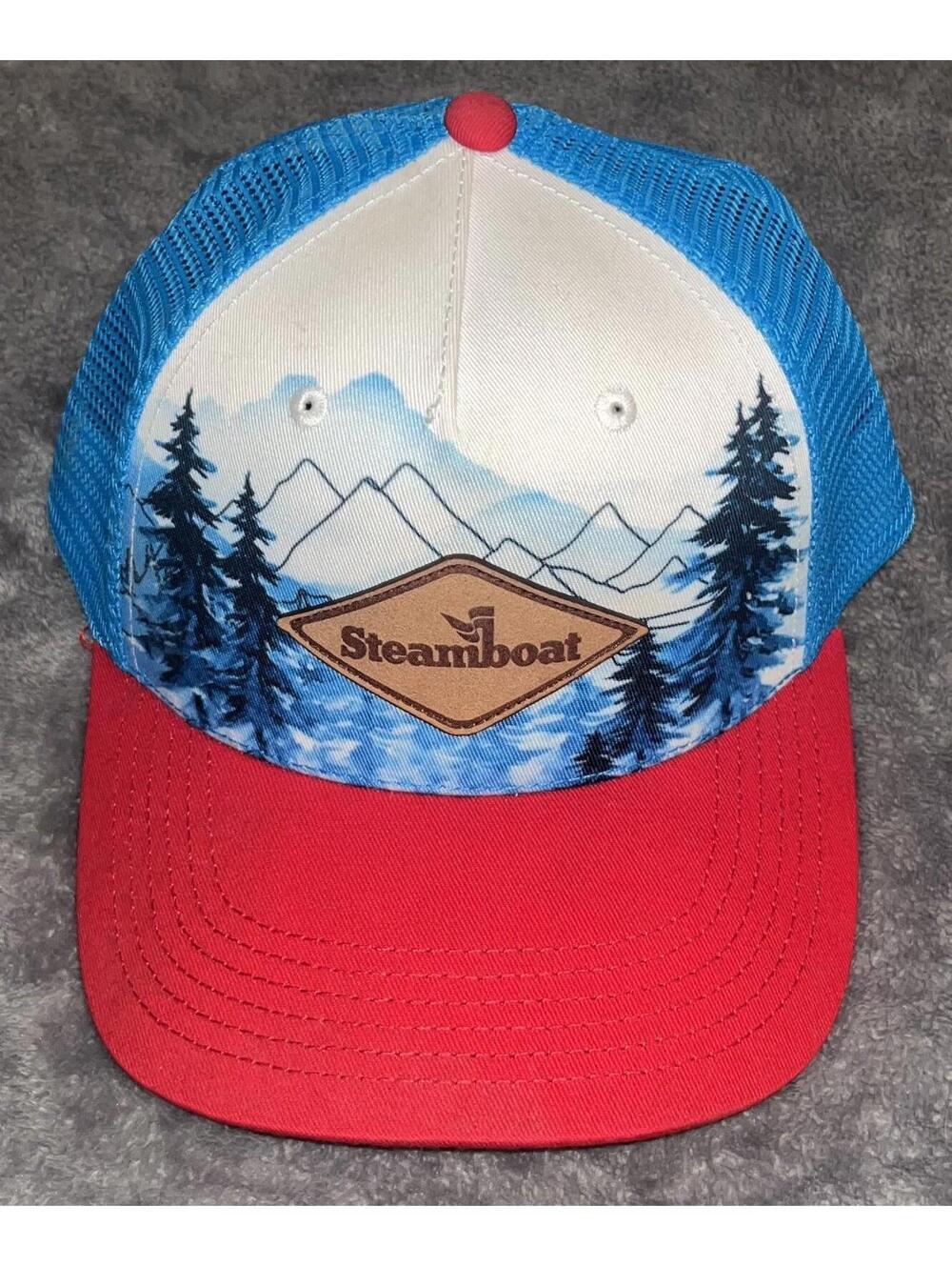 Steamboat Colorado Patch Mountain Valley Trucker Hat SnapBack Red Blue White